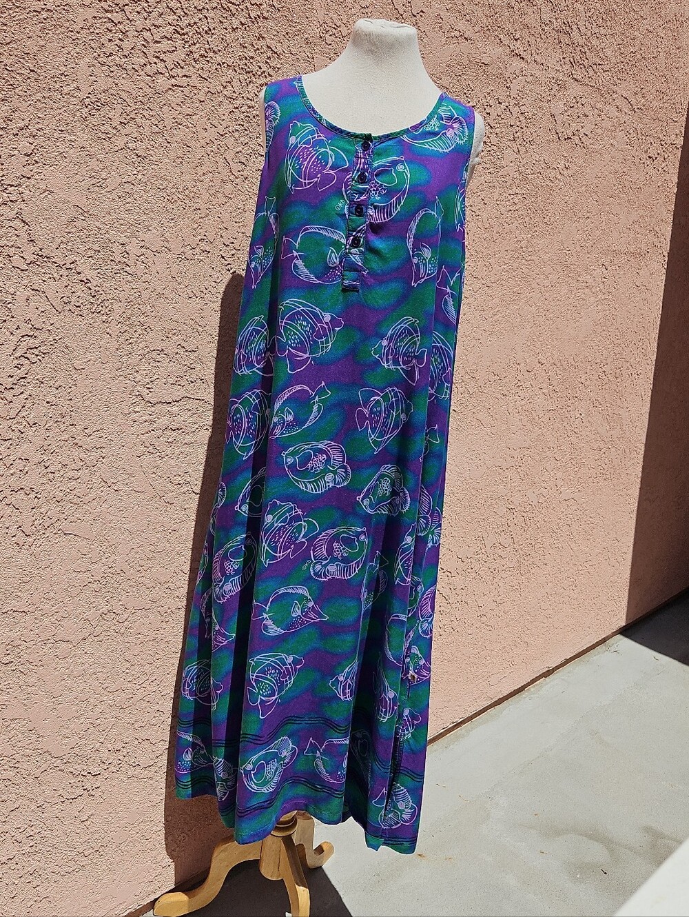 Down Under Fish Print Rayon Beach Maxi Dress Sleeveless Tropical Size XL
